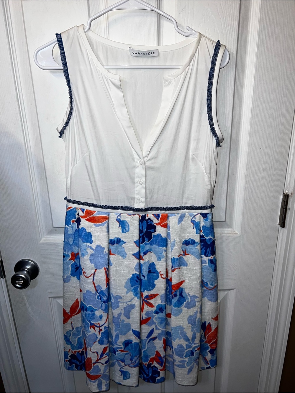 CARACTERE Italian Floral A-Line Dress White Blue Orange Trimmed Size US 6